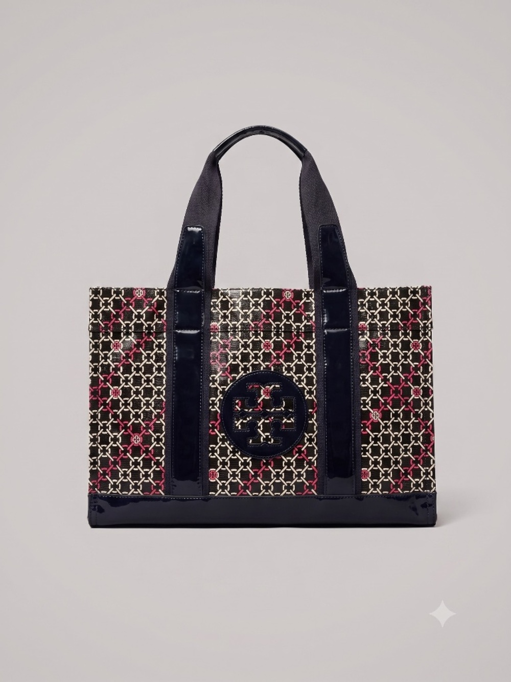 Tory Burch Patterned Tote Bag with Patent Trim